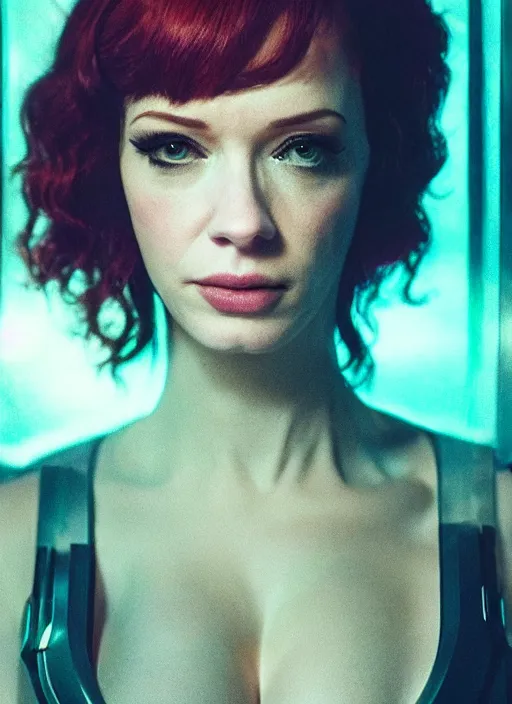 Image similar to upper body photograph portrait of a very pretty!!! christina hendricks in cyberpunk 2 0 7 7, symmetric face, petzval lens, sharp focus, smooth, space station. by alesio albi and george lucas and stanley kubrick