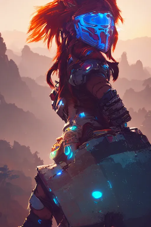 Image similar to combination suit armor aloy horizon forbidden west horizon zero dawn radiating a glowing aura global illumination ray tracing hdr fanart arstation by ian pesty and alena aenami artworks in 4 k tribal robot ninja mask helmet backpack