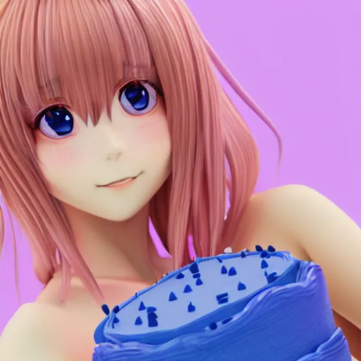 Image similar to Render of a beautiful 3d anime woman holding a birthday cake out to the camera, long light pink hair, full bangs, hazel eyes, cute freckles, full round face, soft smile, Chinese heritage, cute checkerboard sundress, golden hour, serene beach setting, medium shot, mid-shot, hyperdetailed, trending on Artstation, Unreal Engine 4k