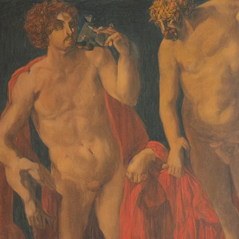Image similar to portrait of Dionysus, the Greek god of wine, making eye contact with his partner across the room by 20th-century artist Francis Bacon