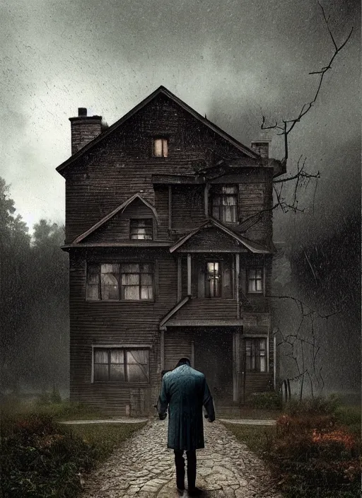 Image similar to frankenstein standing in front of a house on a rainy day, a digital rendering by gregory crewdson, trending on cgsociety, american scene painting, ominous vibe, matte drawing, atmospheric