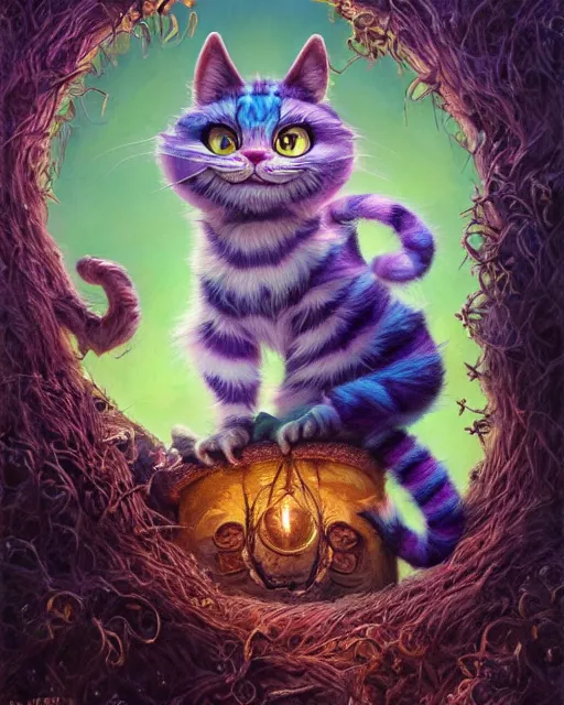 Prompt: an adorable cheshire cat in wonderland | highly detailed | very intricate | symmetrical | fantasy and whimsical and magical | soft cinematic lighting | disney pixar | award - winning | painted by donato giancola and paul lehr and ross tran | pastel color palette | featured on artstation