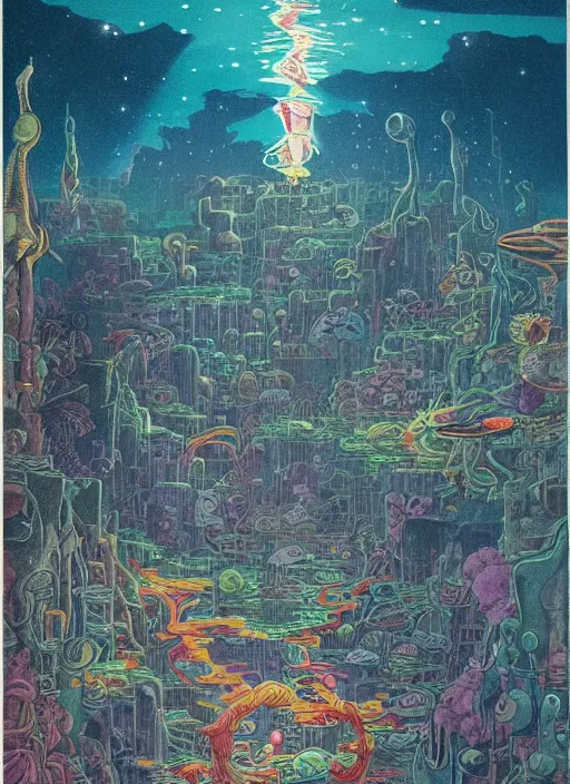 Prompt: 70s vintage anime illustration by Studio Ghibli and by James Jean, giant underwater city amongst cliffs at night by Jeffery Smith by Mati Klarwein, underwater Atlantean city landscape lights up the dark sea with bold colors, a surreal magical aura surrounds this hidden city lighting up the darkness