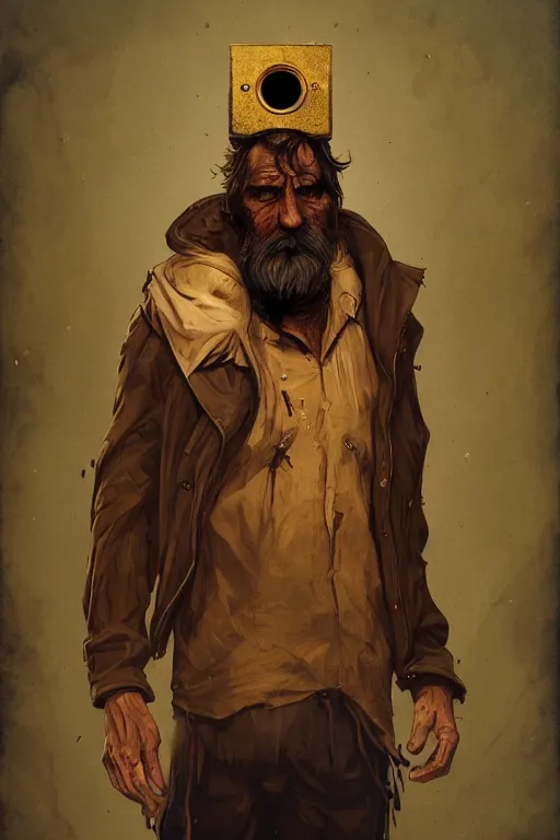 Image similar to full-body portrait of a majestic hobo, brown and gold, rags, beard, fisheye lens, by Anato Finnstark, Tom Bagshaw, Brom