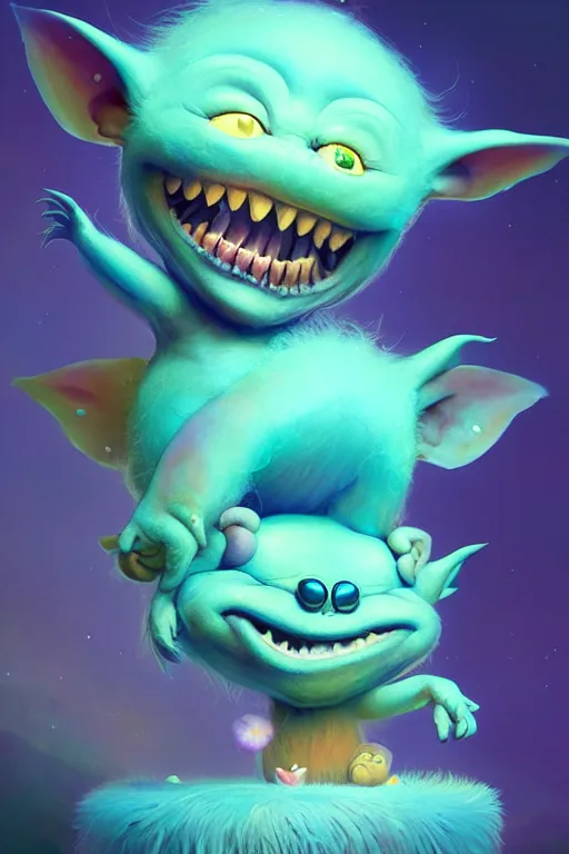 Image similar to a surreal Bioluminescent, very very very cute troll in a happy world by Daniel Merriam, Trending on Artstation, oil on Canvas by Elena Zhurikhina and Goro Fujita and Charlie Bowater, octane render, 4k, 8k, HD