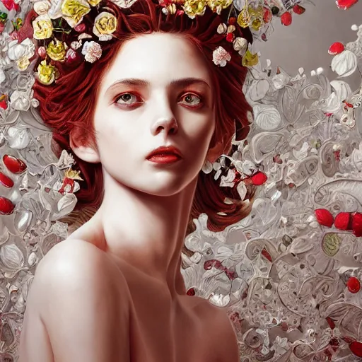 Image similar to the portrait of an absurdly beautiful, graceful, elegant, sophisticated, fashionable woman made of strawberries and white petals looking down, an ultrafine hyperdetailed illustration by kim jung gi, irakli nadar, intricate linework, bright colors, octopath traveler, final fantasy, unreal engine 5 highly rendered, global illumination, radiant light, detailed and intricate environment