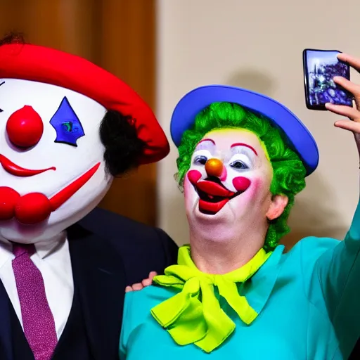 Image similar to a president with clown face taking a selfie in a podium next to an angry first minister