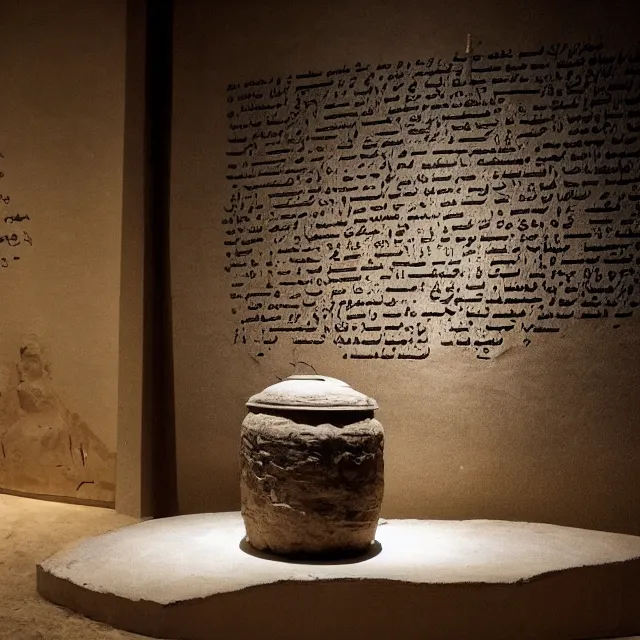 Image similar to a photo of a museum display showing a cylindrical clay jar, lying beside it is a dead sea scroll with nabeatean writing, dark, brooding, atmospheric, volume lighting
