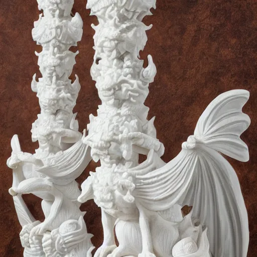 Prompt: a line of detailed white stone dragon statures lined up, oil paint, classic art, 1 6 century style, volume light