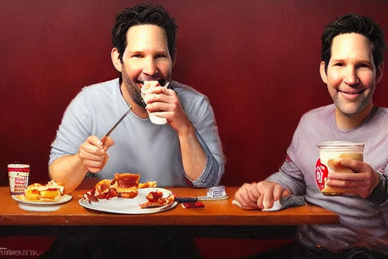 Image similar to paul rudd eating bacon at a dennys late night, an oil painting by ross tran and thomas kincade