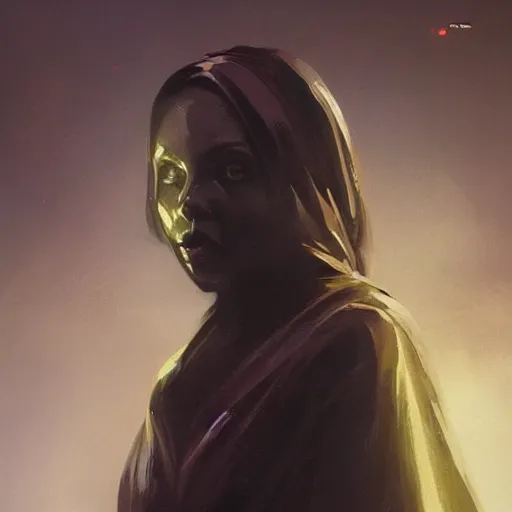 Image similar to portrait of a woman by greg rutkowski, a woman with yellow skin, black lips wearing black robes and a hodd, evil energy, star wars expanded universe, she is about 6 0 years old, highly detailed portrait, digital painting, artstation, concept art, smooth, sharp foccus ilustration, artstation hq