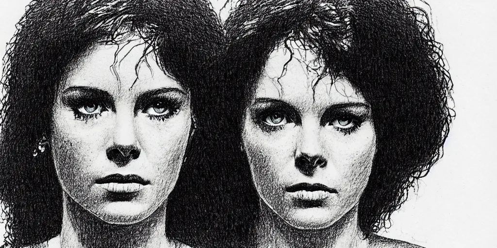 Image similar to a stipple drawing of ripley from the movie alien, looking into the camera