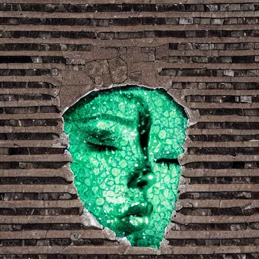 Prompt: The face of a beautiful woman made out of pieces of broken glass on a brick floor, high definition photography, professional