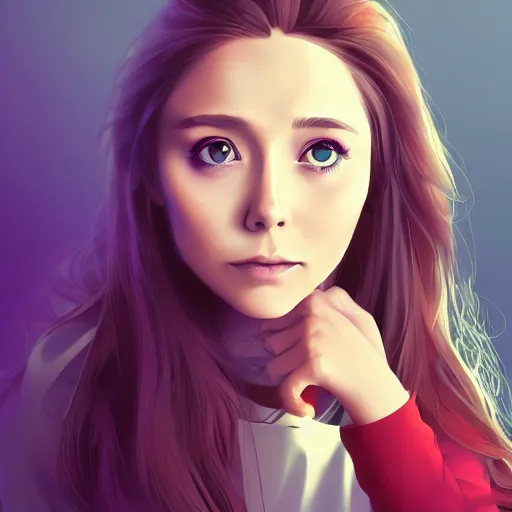 Prompt: Anime portrait of Elizabeth Olsen sitting down on a chair, trending on artstation, 4k, 8k, light tunnel effect!!!!!, anime art, anime style