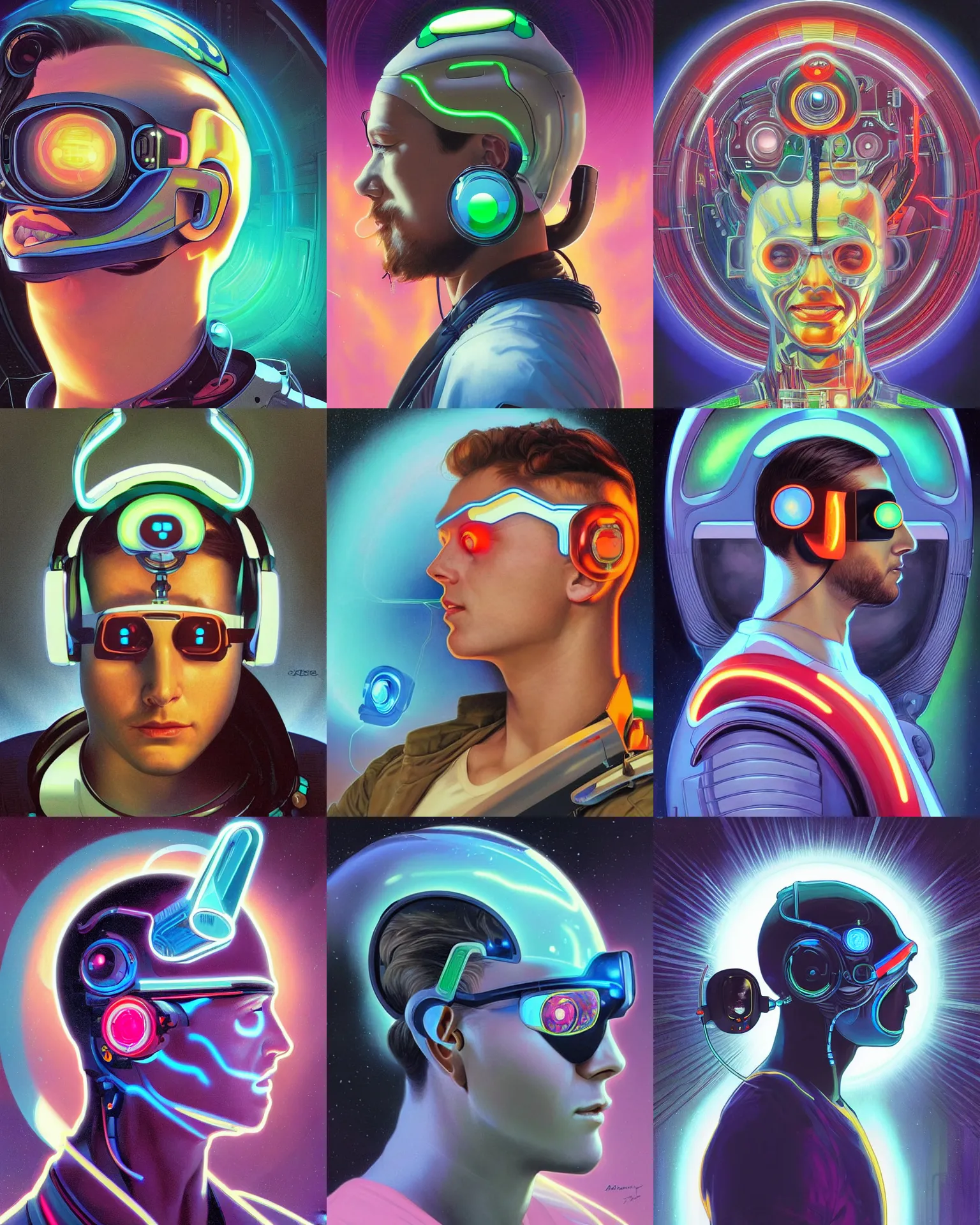 Prompt: side view future coder man, sleek cyclops display over eyes and glowing headset, neon accents, holographic colors, desaturated headshot portrait digital painting by alex grey, alphonse mucha, donoto giancola, dean cornwall, rhads, john berkey, tom whalen, astronaut cyberpunk electric lights profile