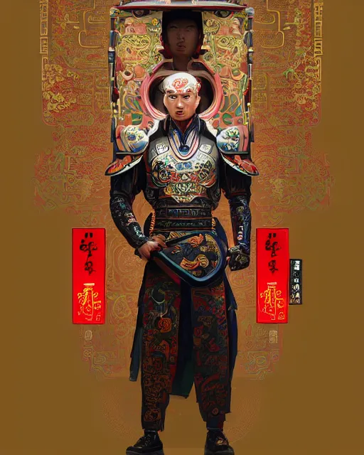 Image similar to portrait of a chinese masculine male cyberpunk machine, machine face, upper half portrait, decorated with chinese opera motifs, muscular arms, asian, fine china, wuxia, traditional chinese art, intricate, elegant, highly detailed symmetry headpiece digital painting artstation concept art smooth sharp focus illustration, art by artgerm and greg rutkowski alphonse mucha 8 k