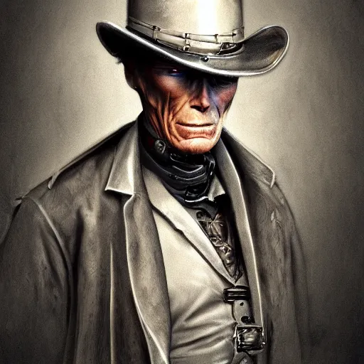 Image similar to clint eastwood as steampunk grim reaper, scifi, intricate, elegant, highly detailed, digital painting, artstation, concept art, smooth, sharp focus, illustration, art by giger