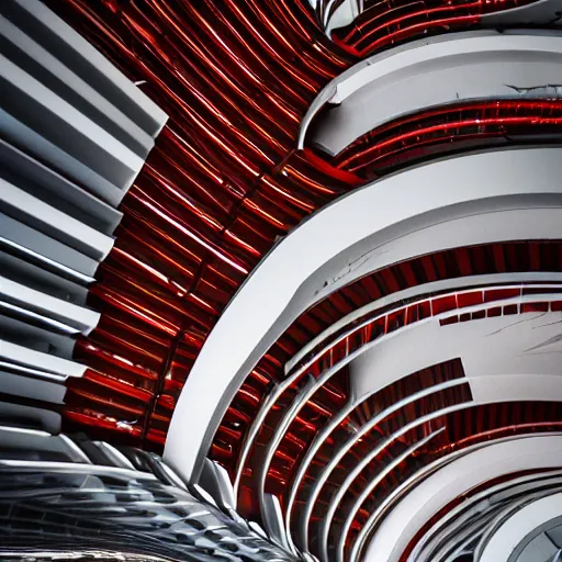 Image similar to futuristic space station with gold, red and white marble panels, by santiago calatrava, intricate contemporary architecture, photo journalism, photography, cinematic, national geographic photoshoot