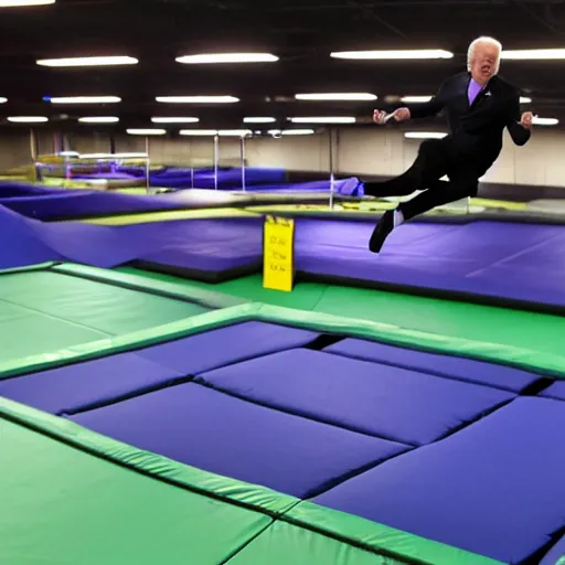 Prompt: Joe Biden jumping in a trampoline park