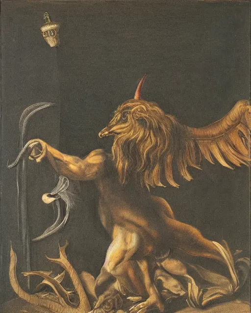 Image similar to a creature with the body of a man, beak of an eagle, the mane of a lion, and the horns of an ox. drawn by francis bacon