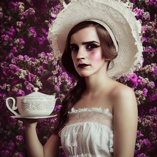 Prompt: on worn out canvas textured canvas wall full body fashion model emma watson smokey eyes makeup eye shadow fantasy, glow, shimmer as victorian woman in a long white frilly lace dress and a large white hat having tea in a sunroom filled with flowers, roses and lush fern flowers ,intricate, night, highly detailed, dramatic lighting , high quality
