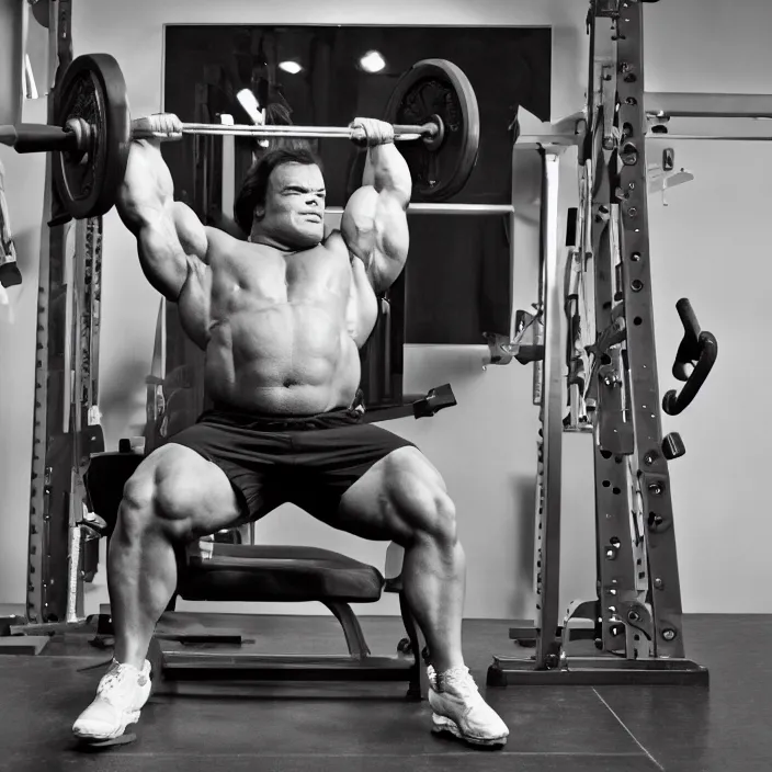 Prompt: portrait of Jack Black benching press with Arnold Schwarzenegger body, by Charlotte Grimm, natural light, detailed face, CANON Eos C300, ƒ1.8, 35mm, 8K, medium-format print