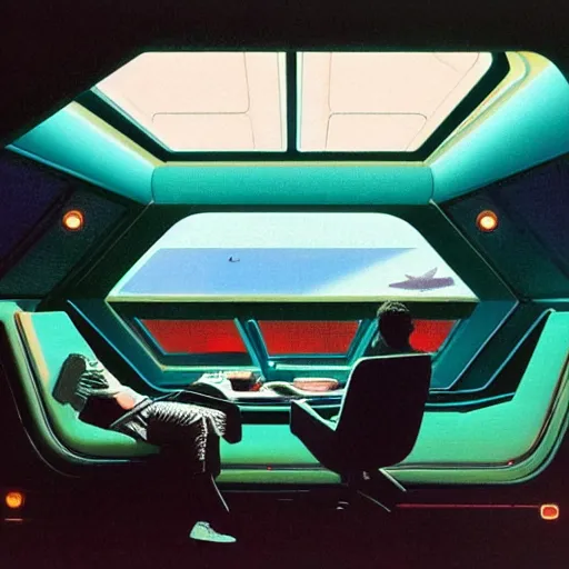 Image similar to Cozy interior of a spaceship, teal lighting, cozy lighting, space seen outside from a window, by Syd Mead, John Harris, Federico Pelat