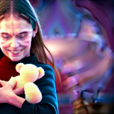 Image similar to in the background: blurry Eldritch horrors. In the foreground: a small toddler girl holding a teddy bear. hyperrealistic, well composed, 3D, 8K, digital art, award-winning