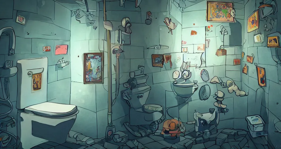 Image similar to A beautiful artwork illustration, a videogame level in a small toilet-themed museum escape room, featured on artstation, wide angle, horizontal orientation