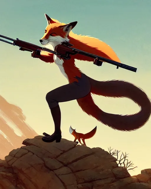 Image similar to a beautiful, dynamic illustration of an anthropomorphic fox - woman running while firing her winchester rifle, wild west theme, studio muti, greg rutkowski makoto shinkai takashi takeuch studio ghibli