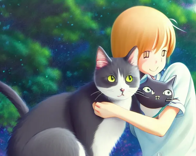 Image similar to anime fine details portrait of joyful girl hugging cat in school, bokeh. anime masterpiece by Studio Ghibli. 8k render, sharp high quality anime illustration in style of Ghibli, artstation