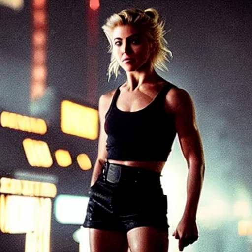 Image similar to julianne hough by ridley scott, a secret agent, wearing black shorts, wearing black boots, wearing a cropped top, blade runner, highly detailed, movie still, intense, sharp focus, cyberpunk, hq