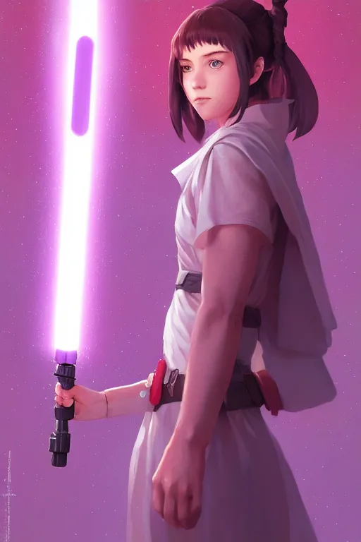 Prompt: a portrait of a cute female jedi, star wars setting, vivid colors, soft lighting, atmospheric, cinematic, moody, in the style of ilya kuvshinov and range murata, krenz cushart, oil on canvas, 8 k