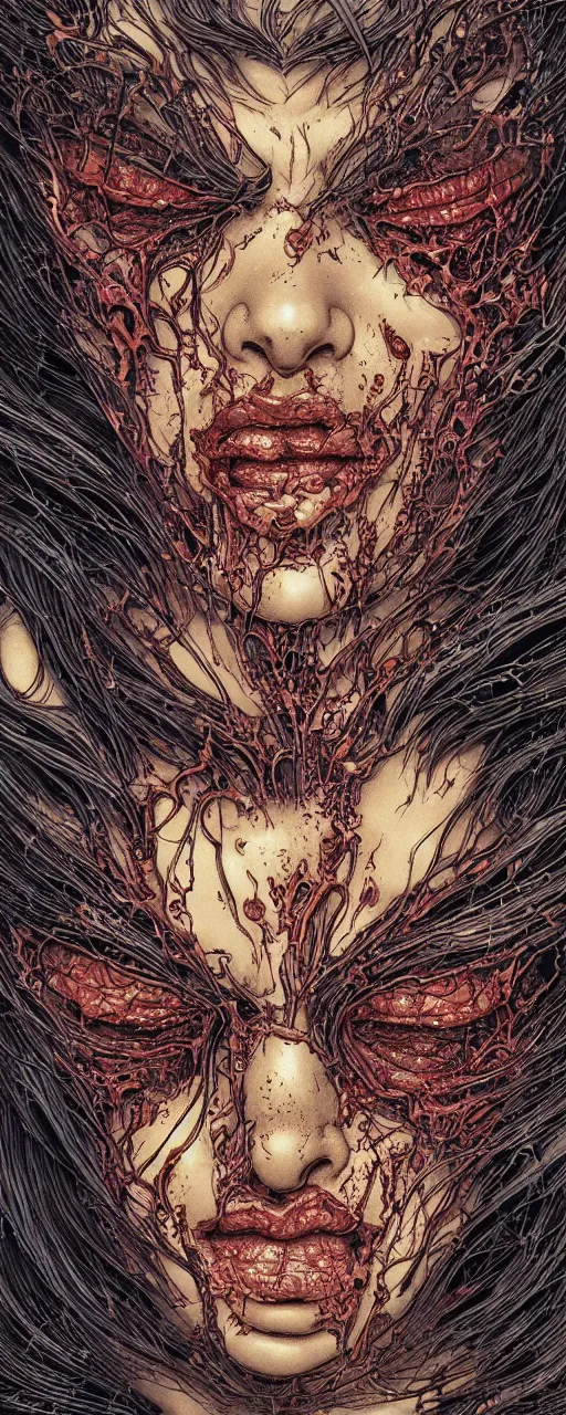 Image similar to closeup of face melting in agony, inside a frame on a tiled wall, frontal picture, by yoichi hatakenaka, masamune shirow, josan gonzales and dan mumford, ayami kojima, takato yamamoto, karol bak