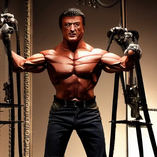 Image similar to animatronic Sylvester Stallone, exposed mechanics, photo, Stan Winston studios, detailed, 4k