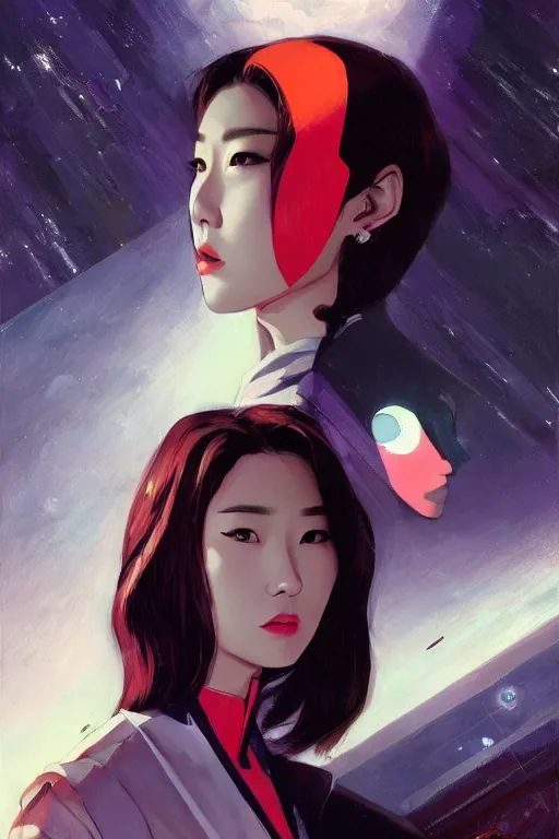 Image similar to Lee Jin-Eun by Vincent Di Fate, rule of thirds, seductive look, beautiful, in intergalactic hq
