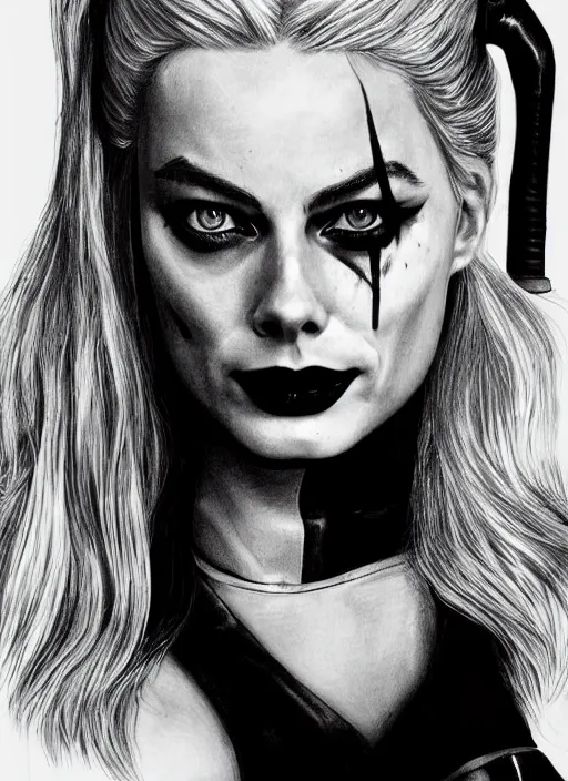 Image similar to a pencil drawing of margot robbie as harley quinn, hyper realistic, highly detailed