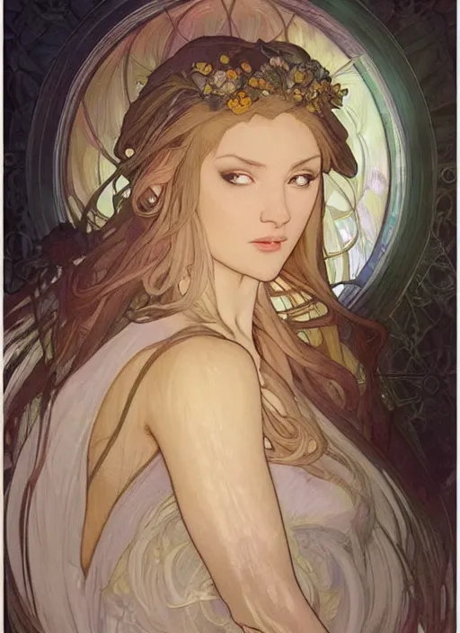 Image similar to digital character concept art by artgerm and greg rutkowski and alphonse mucha. clear portrait of a modestly clothed young wife blessed by god to uncontrollably become overwhelmingly perfect!! blonde, obviously full - figured holy body!! light effect. hyper detailed, glowing lights!! intricate, elegant, digital painting, artstation, smooth, sharp focus