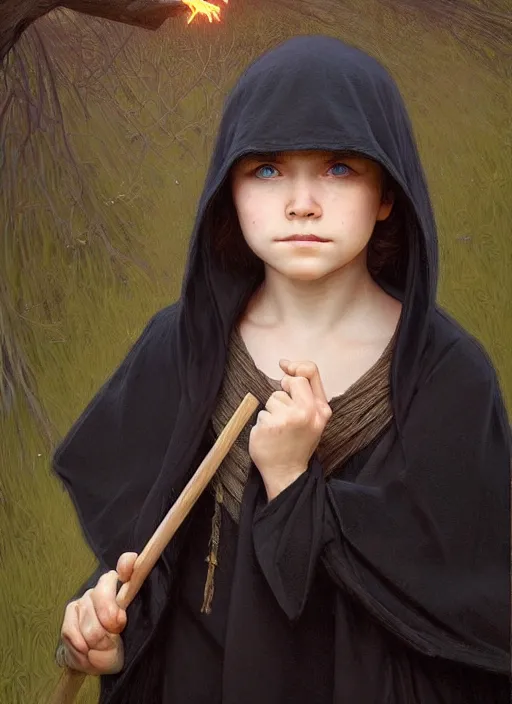 Image similar to perfectly - centered - portrait of a kid wearing black cloak holding stick, intricate, highly detailed, digital painting, artstation, concept art, smooth, sharp focus, illustration, unreal engine 5, 8 k, art by artgerm and greg rutkowski and alphonse mucha and sam spratt