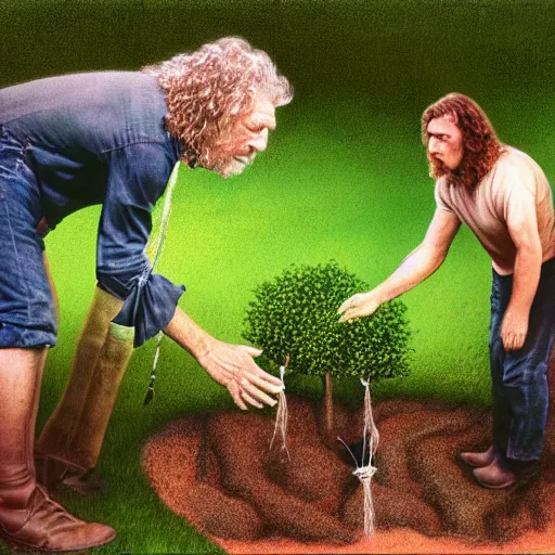 Image similar to robert plant as a plant being planted into the ground and being watered by roger waters, realistic, hyperrealistic, ultra realistic, real, real world, highly detailed, very detailed, extremely detailed, intricate details, 8 k resolution, hd quality