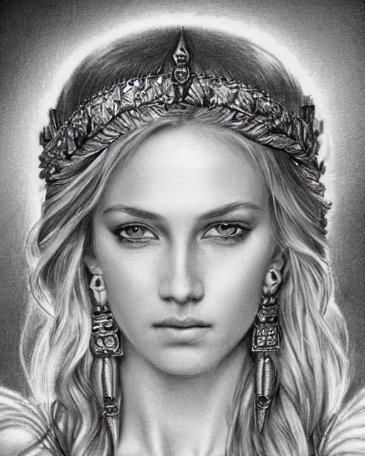 Image similar to pencil drawing of a beautiful greek goddess aphrodite with arrowhead earrings, beautiful piercing eyes, beautiful blonde hair, hyper realistic face, in the style of greg rutkowski, fantasy, amazing detail, epic, elegant, smooth, sharp focus, from the front