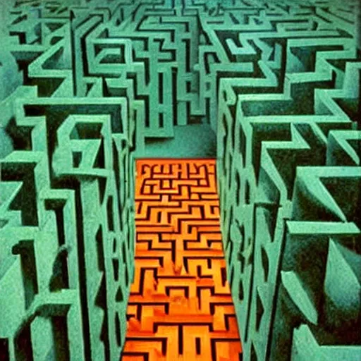 Prompt: the maze from the shining, surrealist painting by Rene Magritte