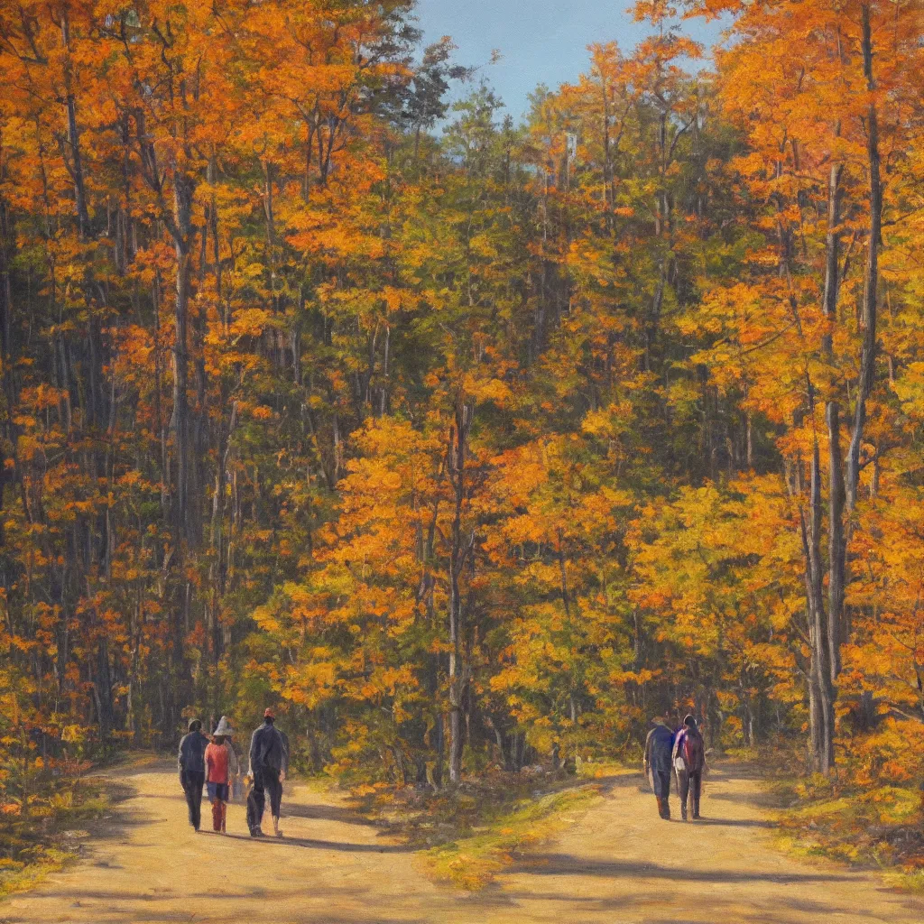 Image similar to modern american realist oil painting of walking together in the late afternoon golden hour light of gatineau park in october