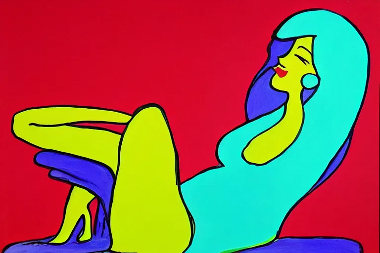 Image similar to a beautiful girl relaxing on a cloud by peter max, portrait,