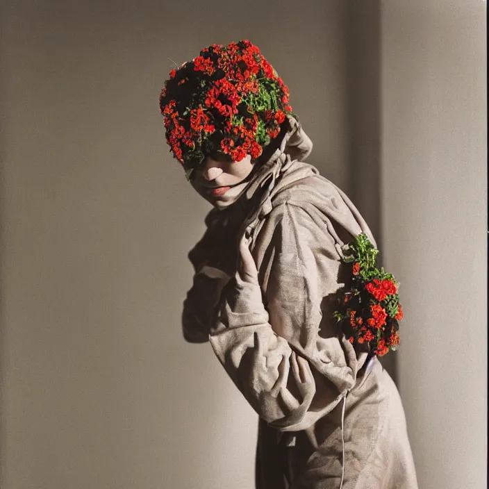 Image similar to a woman wearing a hood made of wire and zinnias, in an abandoned office building, by vincent desiderio, canon eos c 3 0 0, ƒ 1. 8, 3 5 mm, 8 k, medium - format print