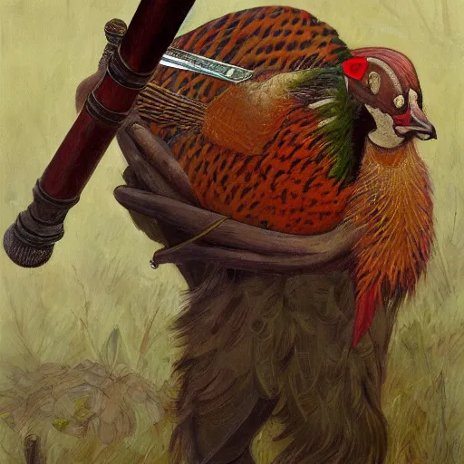 Image similar to Pheasant holding a sword, by lily seika jones , rivuletpaper art, very detailed, shot in canon, by Viktor Vasnetsov, oil painting, harsh fairy tale, soft style, hyperrealism, beautiful, high resolution, trending on artstation, steps 50