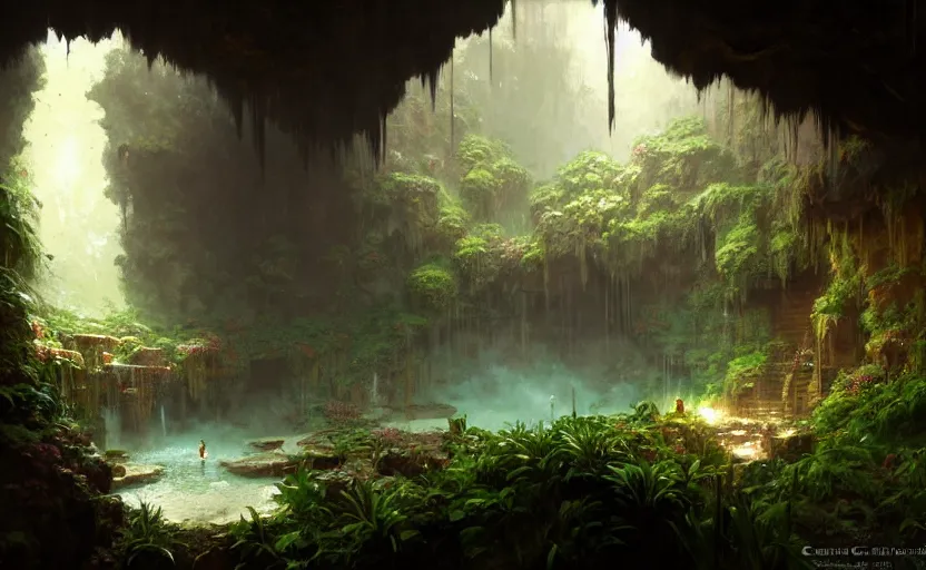 Image similar to painting of an interior of a hidden hotspring in a cave, fantasy, lush plants and flowers, natural light, concept art, by greg rutkowski and craig mullins, cozy atmospheric and cinematic lighting, trending on artstation