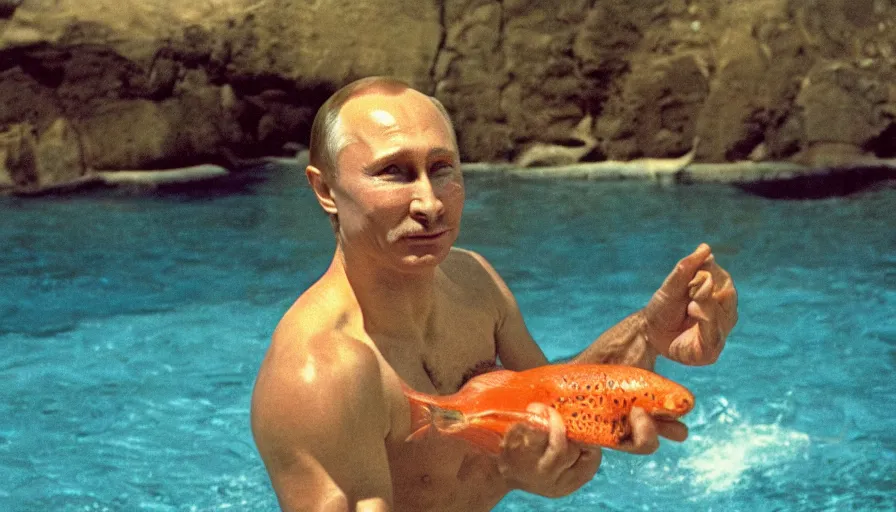Image similar to 7 0 s movie still of putin in speedo, slapping a salmon in the face, focus on face. cinestill 8 0 0 t _ 3 5 mm eastmancolor, heavy grain, high quality, high detail