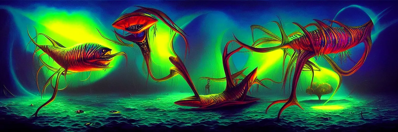 Image similar to strange alien fish creatures from the depths of the collective unconscious, dramatic lighting, surreal darkly colorful painting by ronny khalil