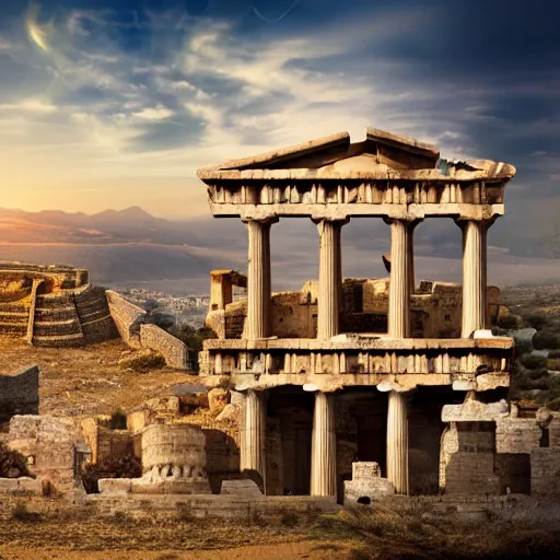 Image similar to Cinematic view of ancient fantasy walls with greek architecture surrounded by vast desert; fantasy art